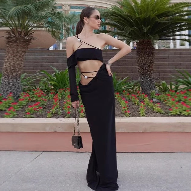 Evening dress for ladies with asymmetric cut and delicate ruffle details Lune London