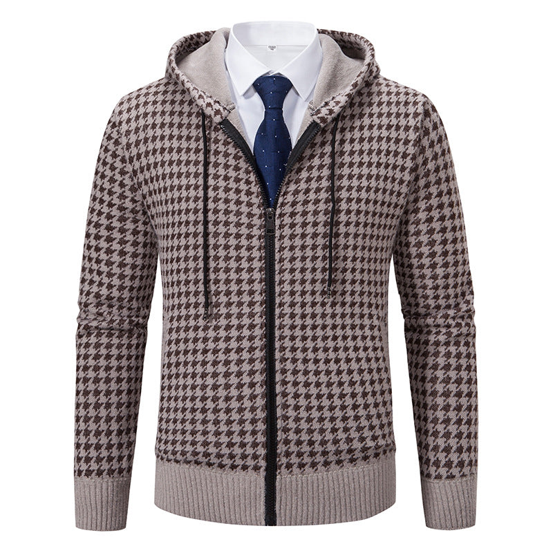 Comfortable knitted sweater for men with a modern check pattern and hood Lune London