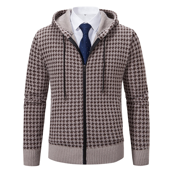 Comfortable knitted sweater for men with a modern check pattern and hood Lune London