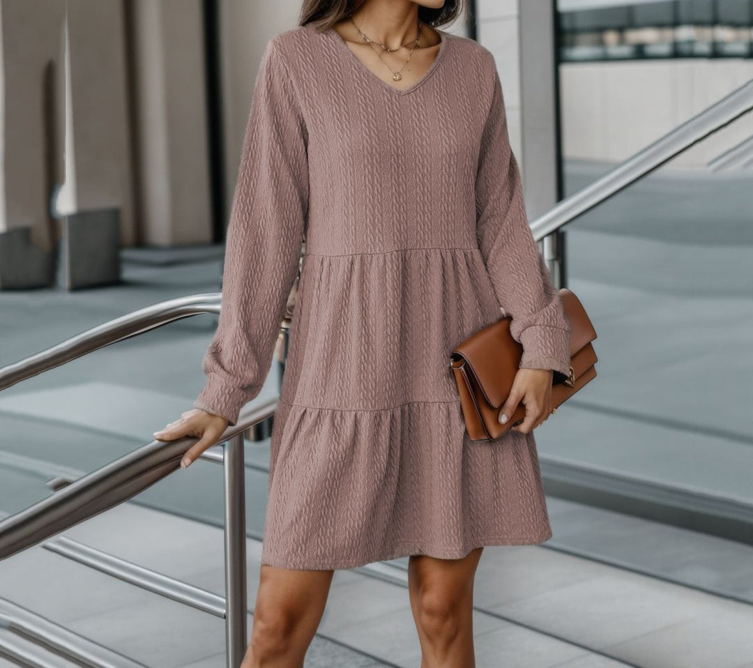 Women’s knitted dress with V-neck and ruffle Lune London