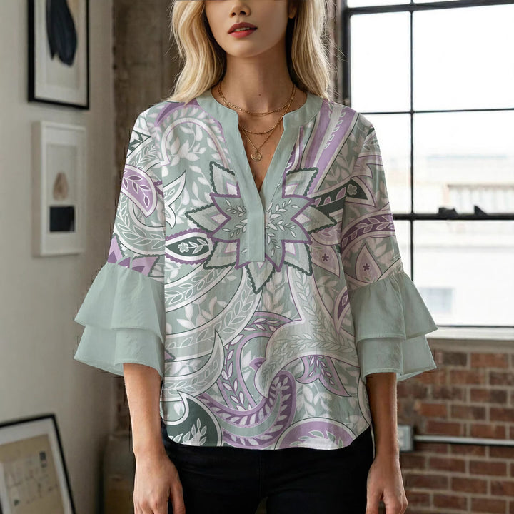 Women's blouse with voluminous ruffle sleeves and creative floral design Lune London