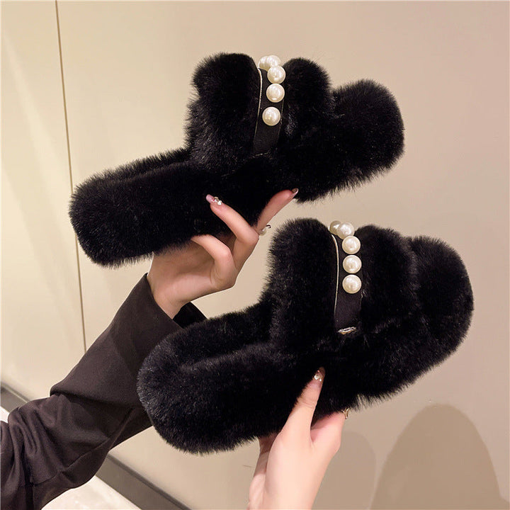 Ladies Plush Slippers with Elegant Pearl Accents Lune London
