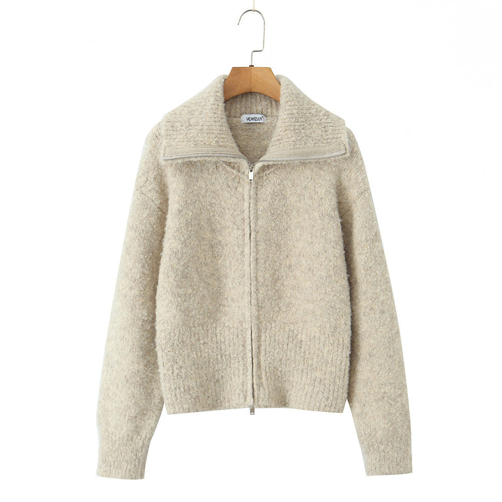 Elegant short jacket for women with soft high collar and zipper Lune London