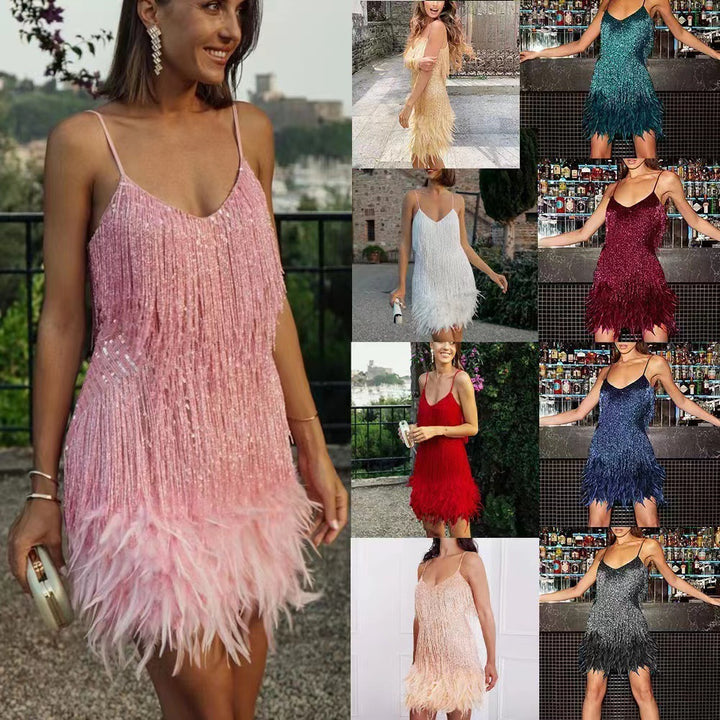 Women's Glittering Mini Dress with Fringe Details and Off-Shoulder Design Lune London