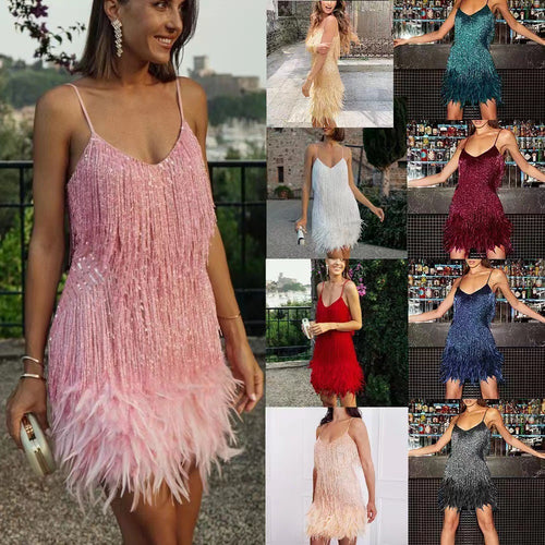 Women's Glittering Mini Dress with Fringe Details and Off-Shoulder Design Lune London