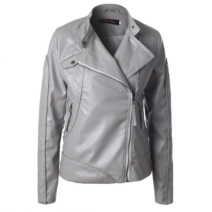 Fashionable synthetic leather jacket for women with asymmetrical zipper and high collar Lune London