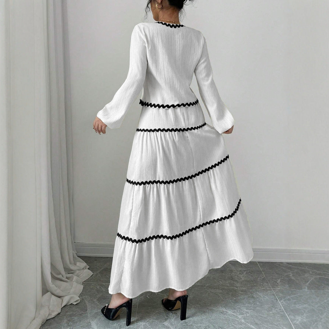 Maxi dress for women with elegant gathers and contrasting bias Lune London