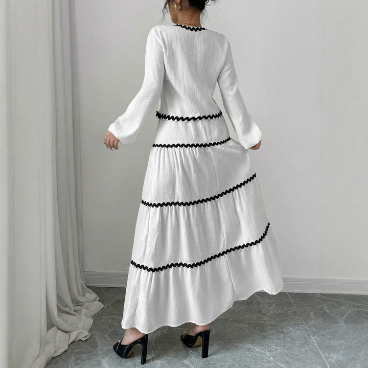 Maxi dress for women with elegant gathers and contrasting bias Lune London