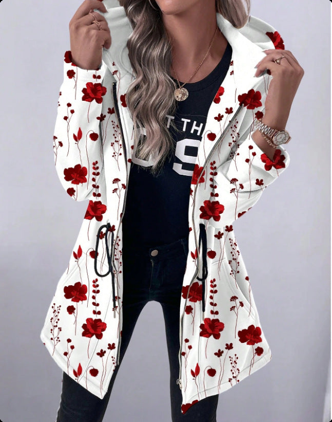 Hooded coat with full zip for women with floral print Lune London
