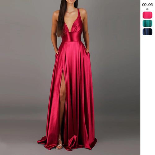 Elegant evening dress for women with deep V neckline and high split skirt Chic & Stil