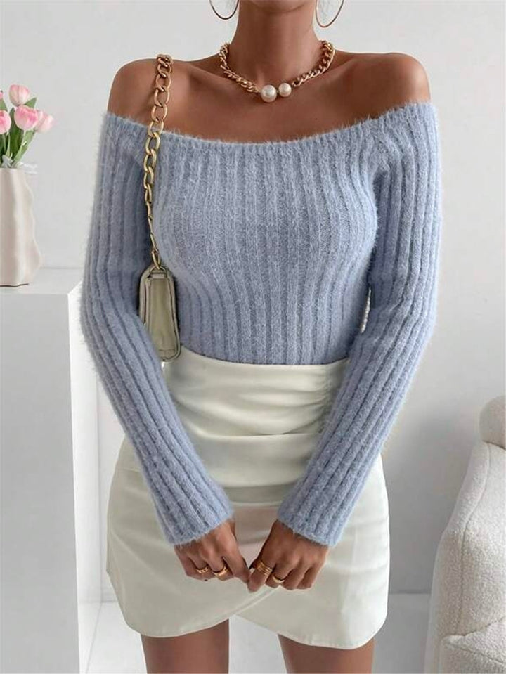 Ladies Off-Shoulder Knit Sweater with Fine Rib Structure and Long Sleeves Lune London