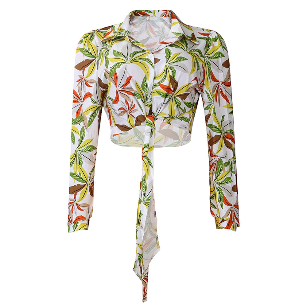 Ladies Trendy Cropped Blouse with floral design and bow detail Lune London