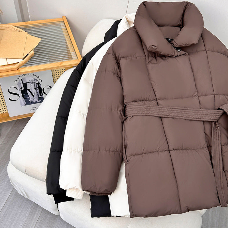 Ladies trendy quilted jacket with belt and high collar Lune London