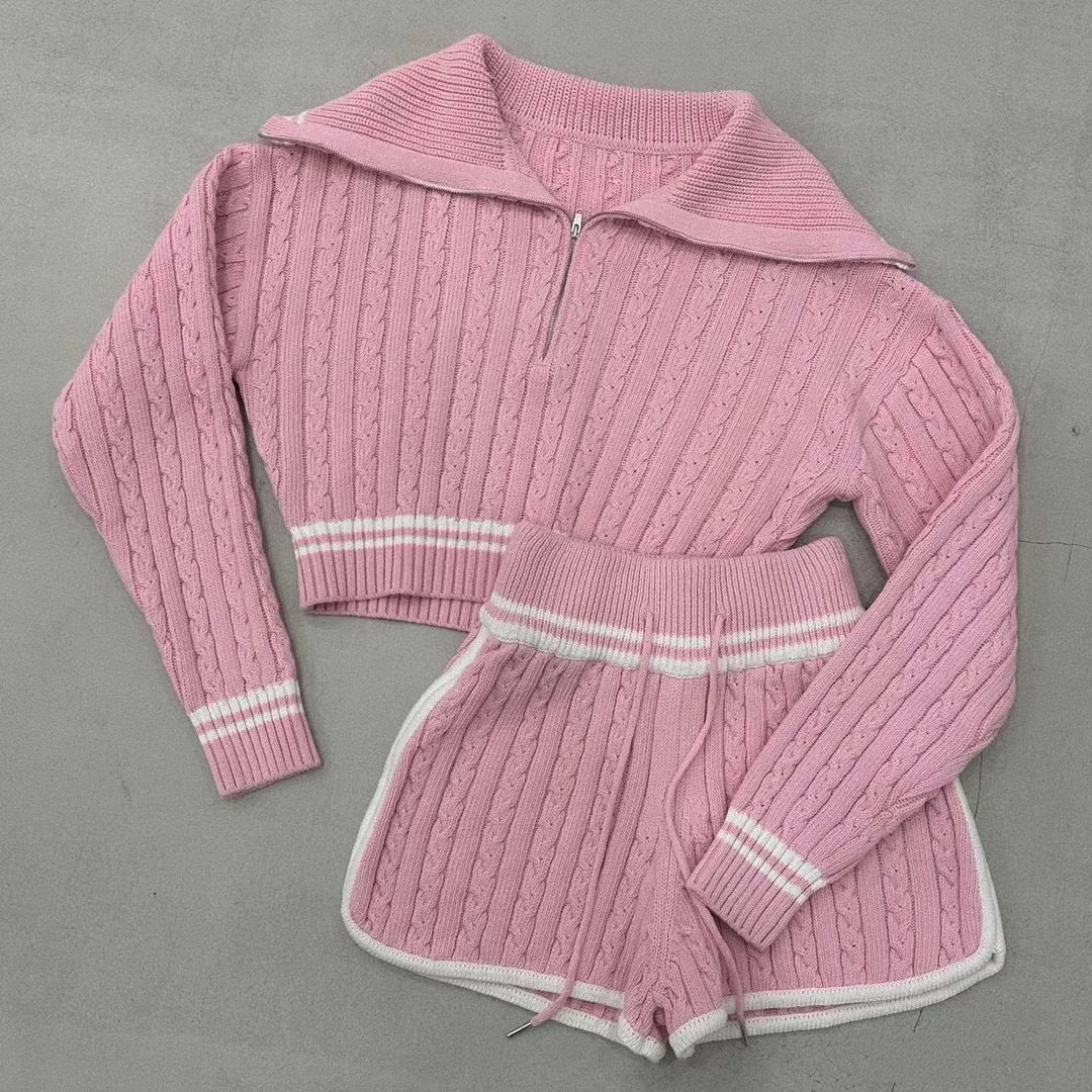 Knitted short sweater for women with a high collar and shorts in the Lune London set