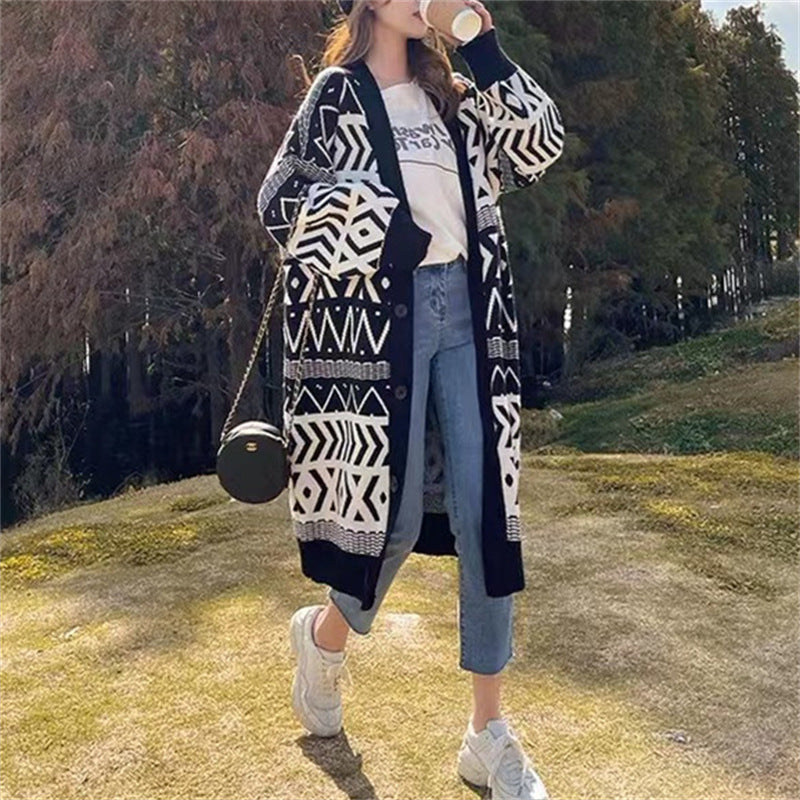 Ladies Long Cardigan with graphic design and deep pockets Lune London