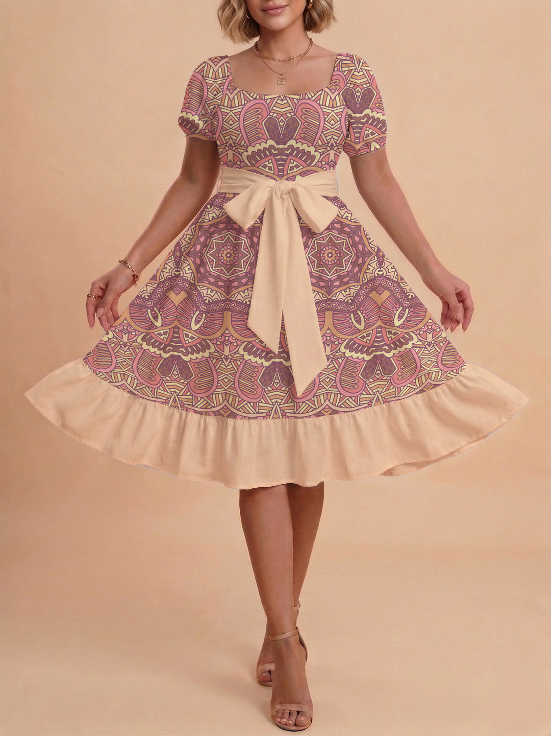 Women A-line dress with floral motifs and adjustable belt Lune London