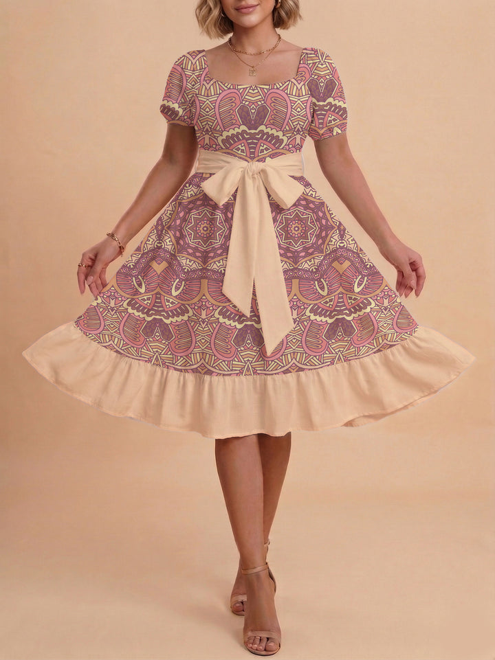 Women A-line dress with floral motifs and adjustable belt Lune London