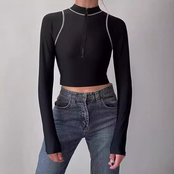 Women Long Sleeve Cropped Sports Top with Zipper Lune London