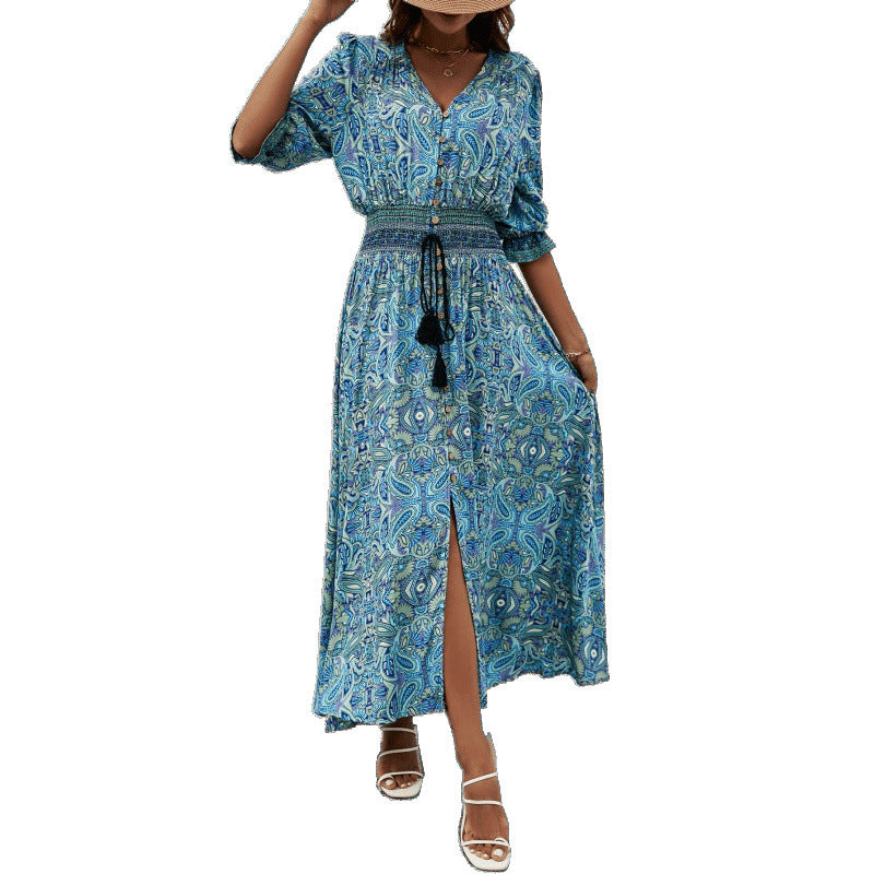 Ladies Elegant Button-Up Maxi Dress with Side Slit and Chic Corded Waist