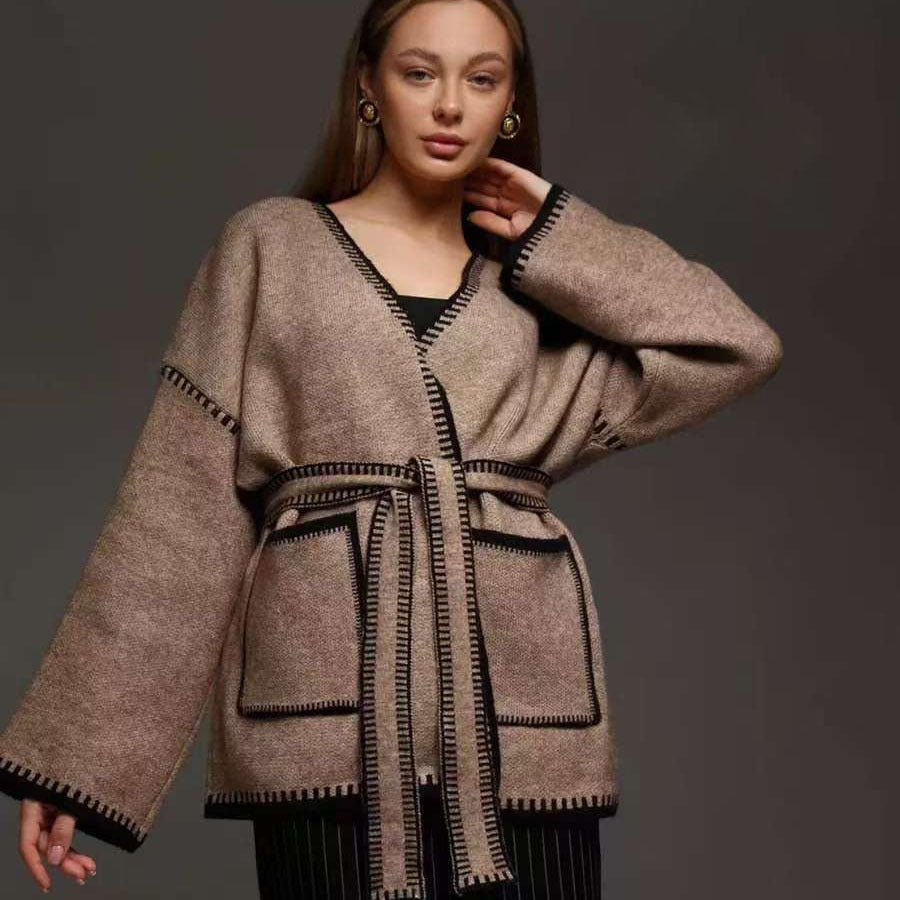 Knitted jacket for women with belt and large pockets Lune London