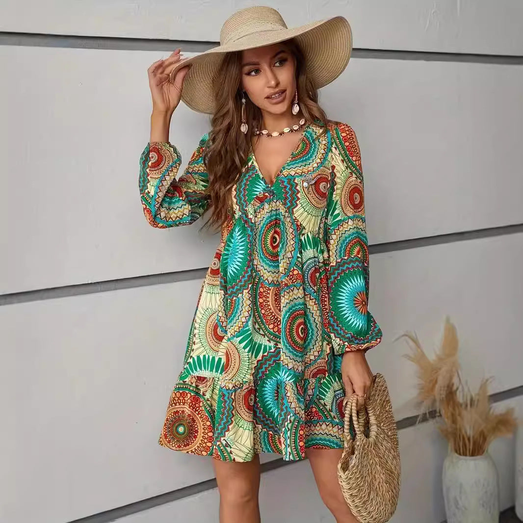 Ladies Slim Playful Dress with Colorful Pattern and Chic Buttons and Style