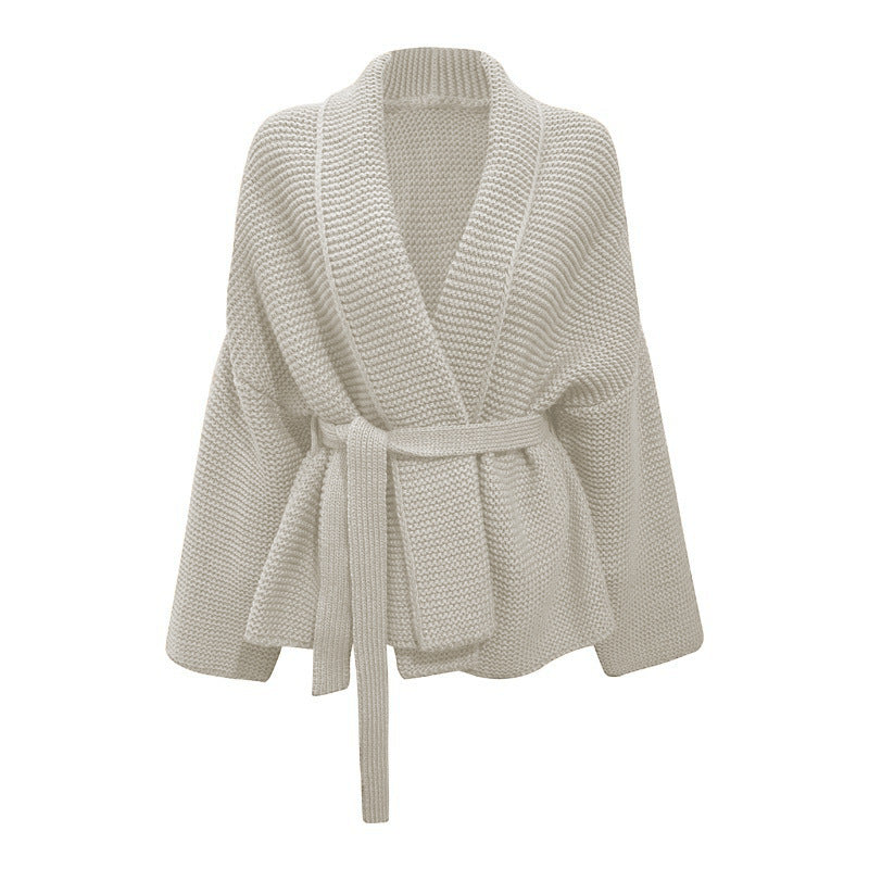 Women's chunky knit cardigan with wide shawl collar and tieable belt Lune Londonl