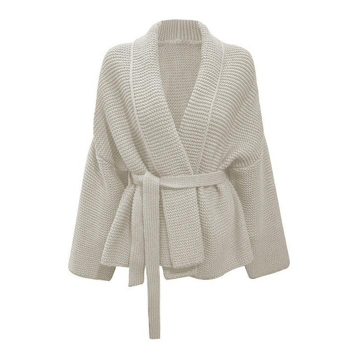 Women's chunky knit cardigan with wide shawl collar and tieable belt Lune Londonl