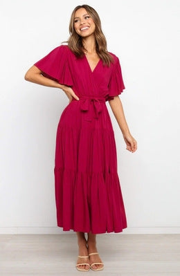 Lune London Fluid maxi dress for women with tie-up belt and butterfly sleeves