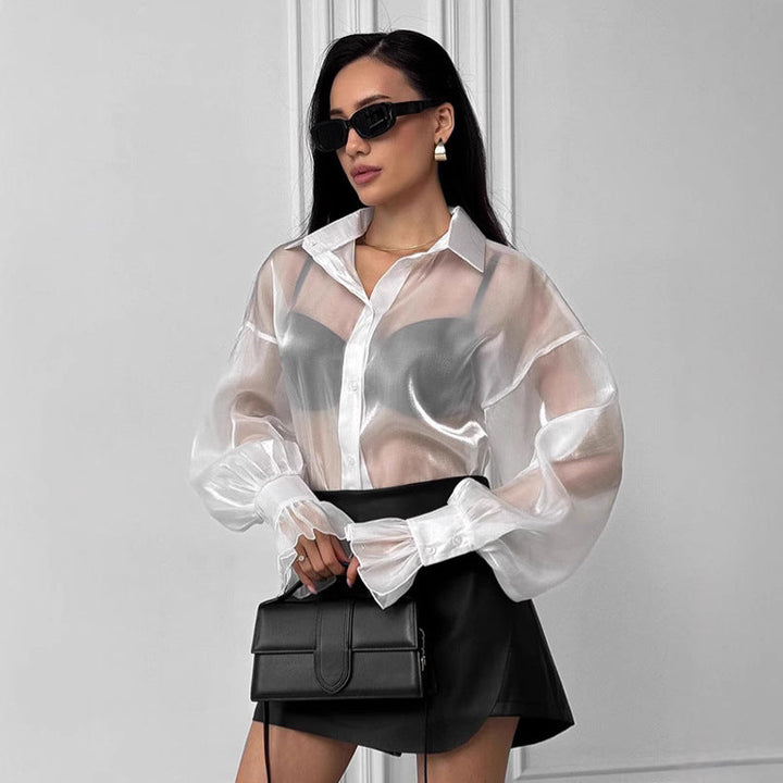 Women's Transparent Blouse with Voluminous Sleeves and Elegant Ruffle Details Chic Und Stil