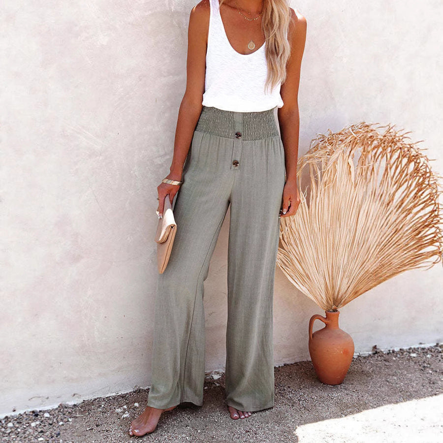 High-waisted wide-leg pants for women with decorative button detail and elastic waistband Lune London