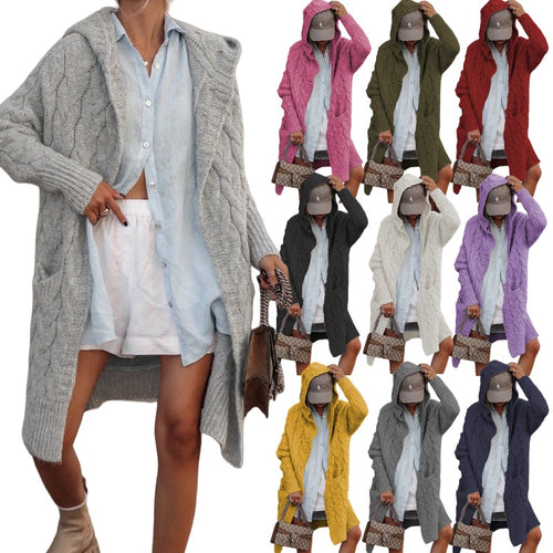 Thick knit cardigan for women with open front and hood Lune London