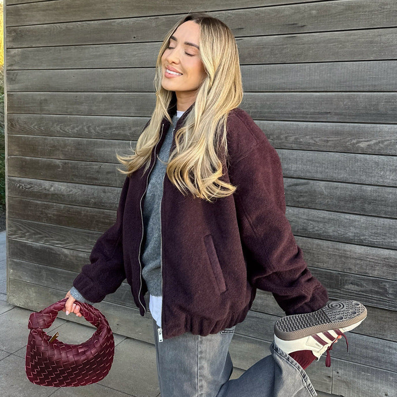 Fleece bomber jacket for women with elastic hem and practical side pockets Lune London