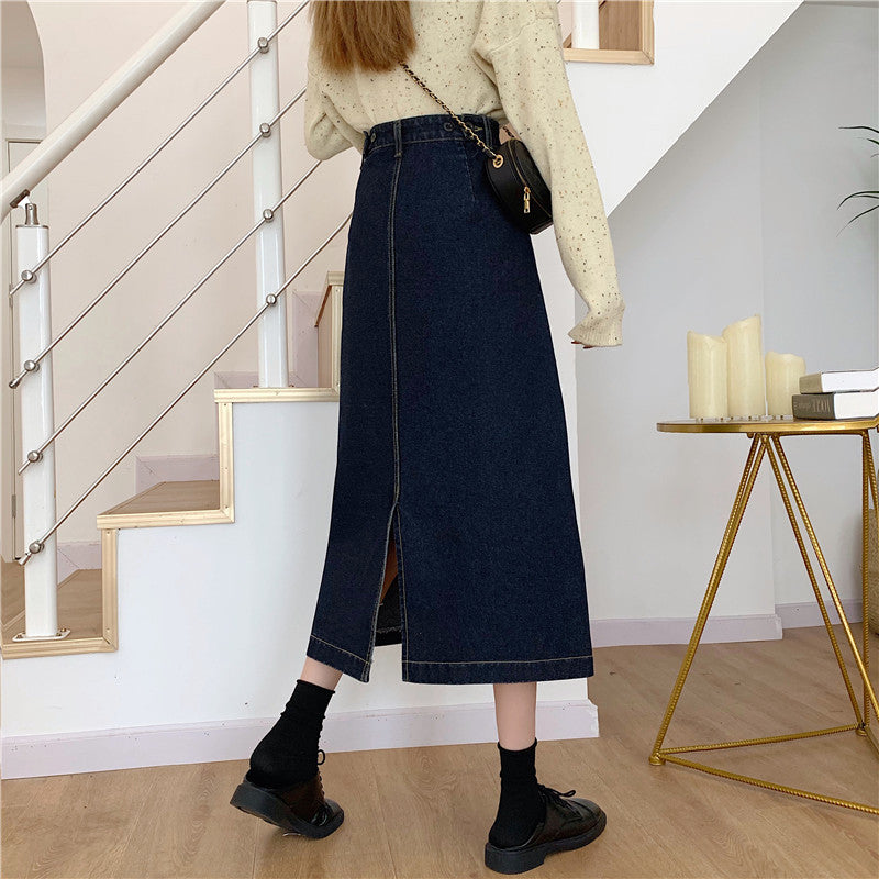 Jupe midi en denim pour femmes avec taille haute Chic & Stil