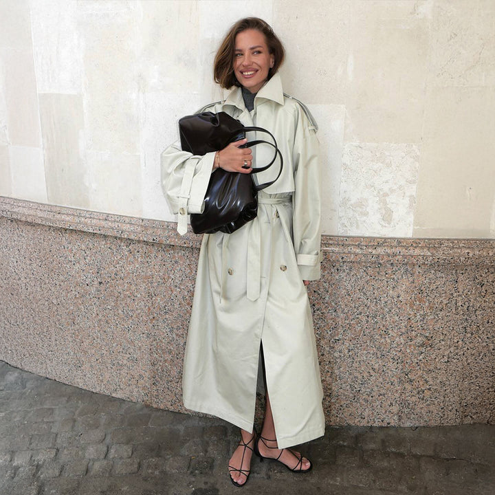 Fashionable trench coat for ladies with wide belt and wide sleeves Lune London