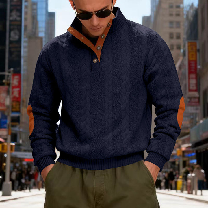 Structured knit sweater for men with high collar and snap button details Lune London