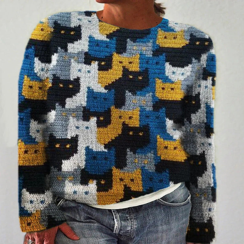 Pull en tricot pour femmes avec un motif de chat ludique Chic & Stil