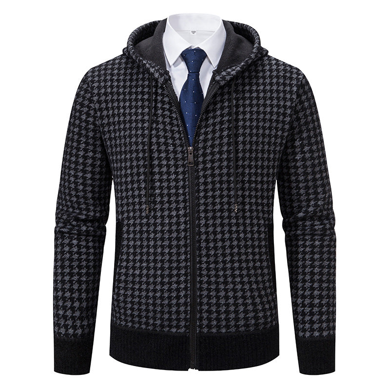 Comfortable knitted sweater for men with a modern check pattern and hood Lune London