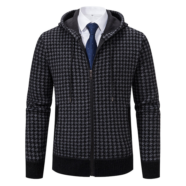 Comfortable knitted sweater for men with a modern check pattern and hood Lune London