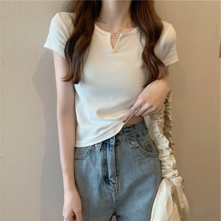 Women's Short Sleeve T-Shirt with Elegant V-Neck and Fashionable Detail