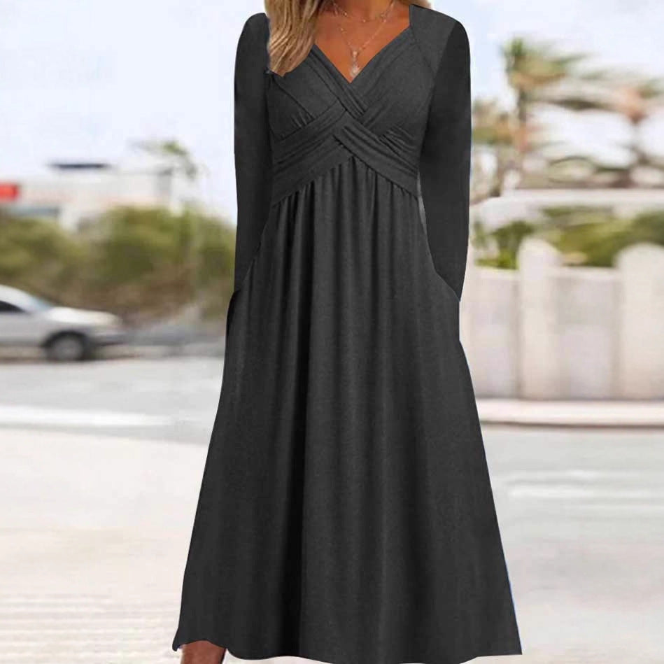 Ladies Elegant Maxi Dress with Draped Effect and Chic Pockets
