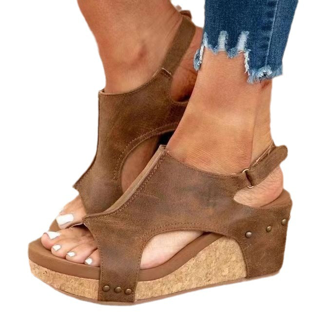 Shiny wedge sandals for women with cork sole and fashionable metallic accents Lune London