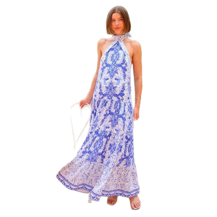 Women's maxi dress in elegant bohemian style with seductive neckline and flowing cut