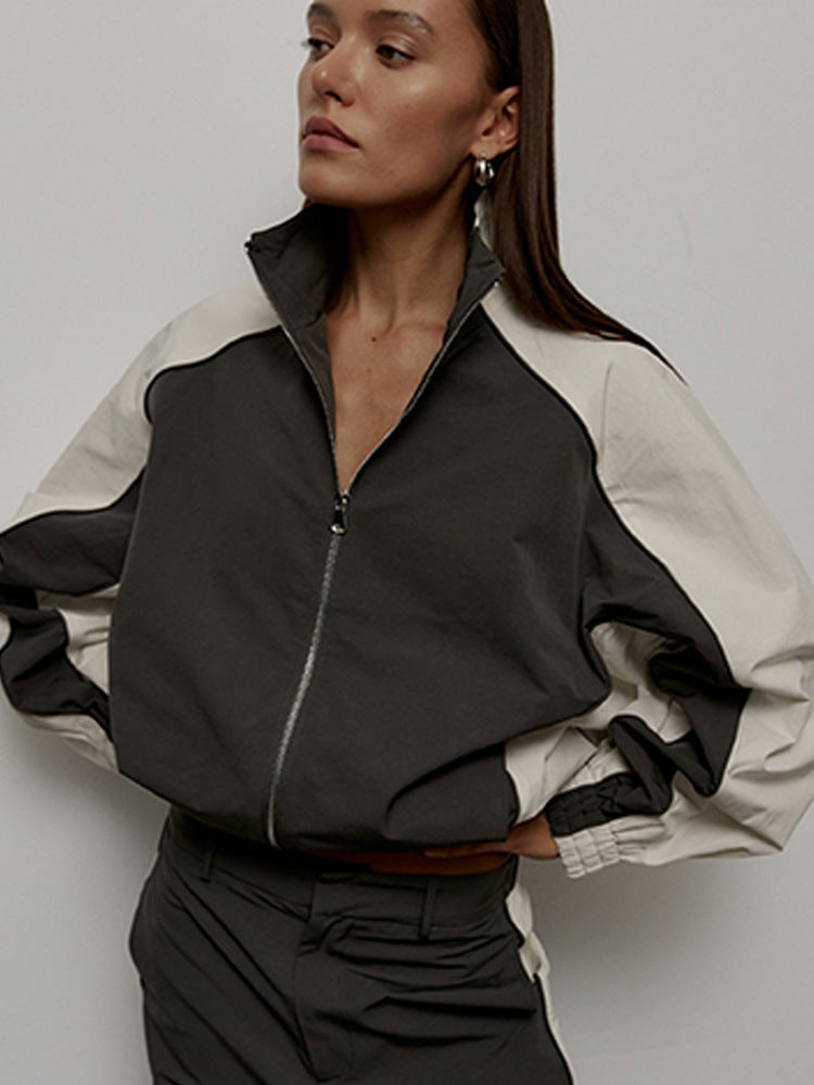 Women's Modern Sports Jacket with High Collar and Contrasting Sleeve Panels
