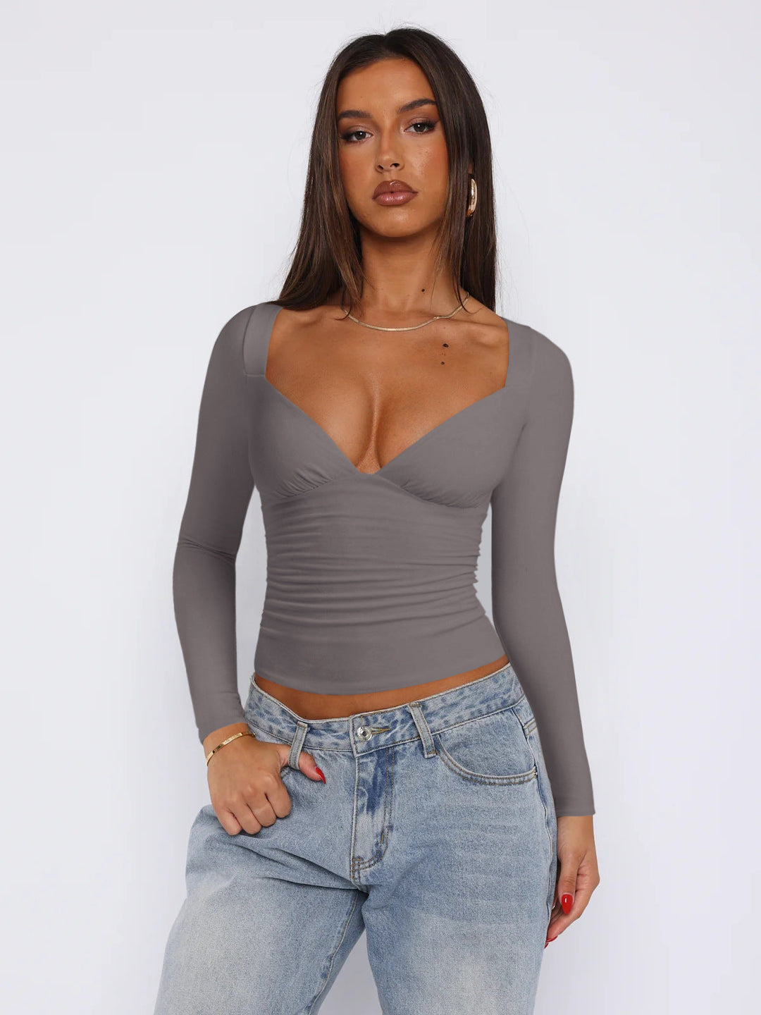 Women's Fitted Long-Sleeve Top with V-Neck and Ruching Lune London