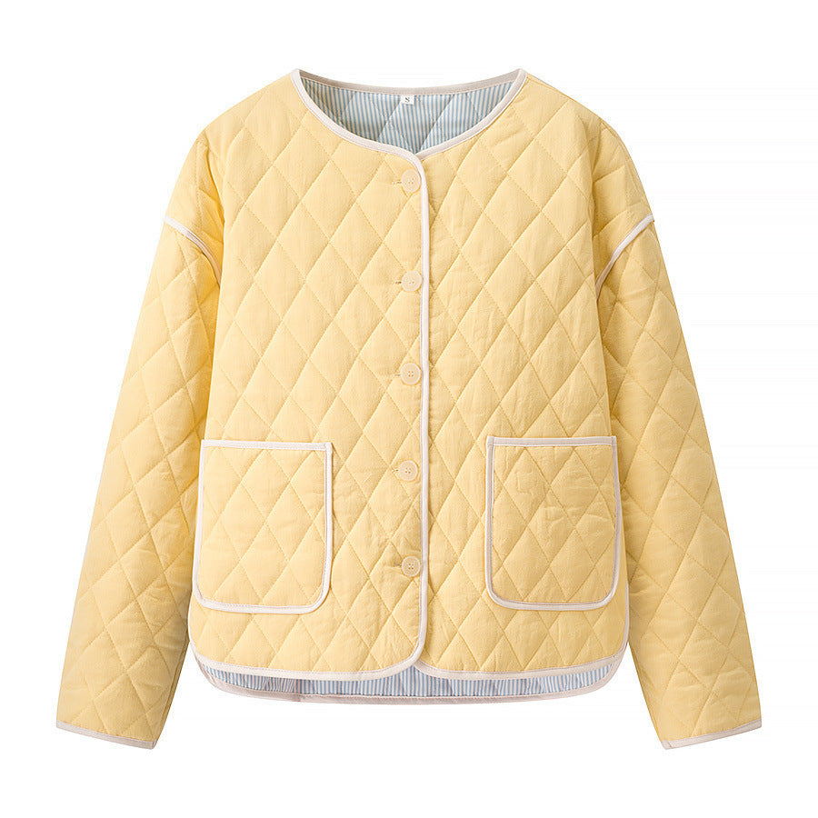 Women's quilted transition jacket with round collar and practical pockets Lune London