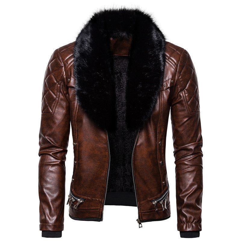 Men's synthetic leather jacket with removable fur collar and speckled surface structure Lune London