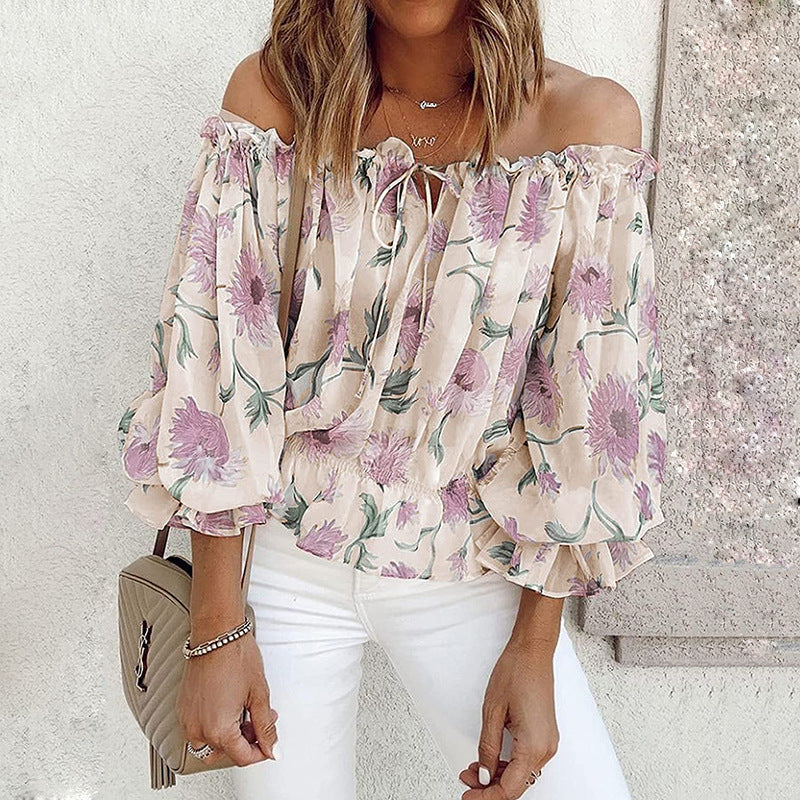 Off-shoulder blouse for women with floral patterns and ruffle details Lune London