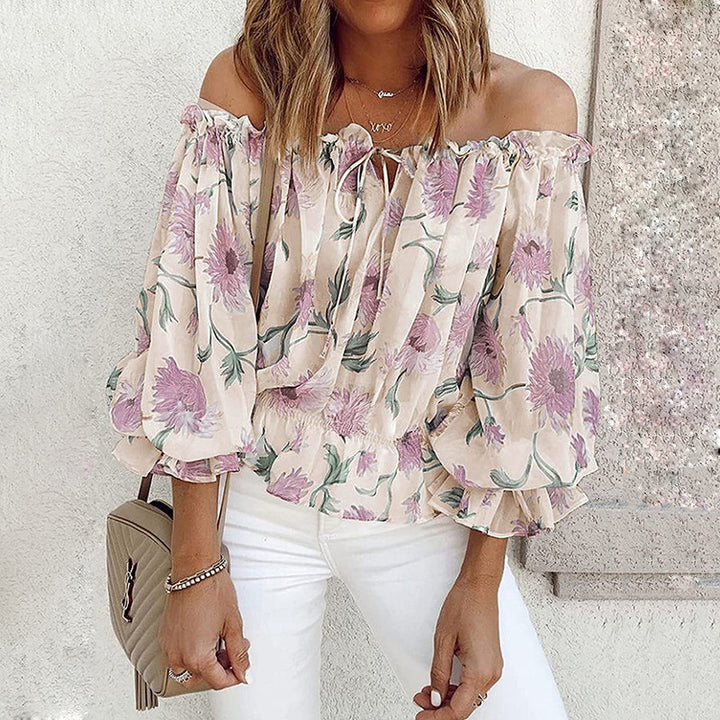 Off-shoulder blouse for women with floral patterns and ruffle details Lune London