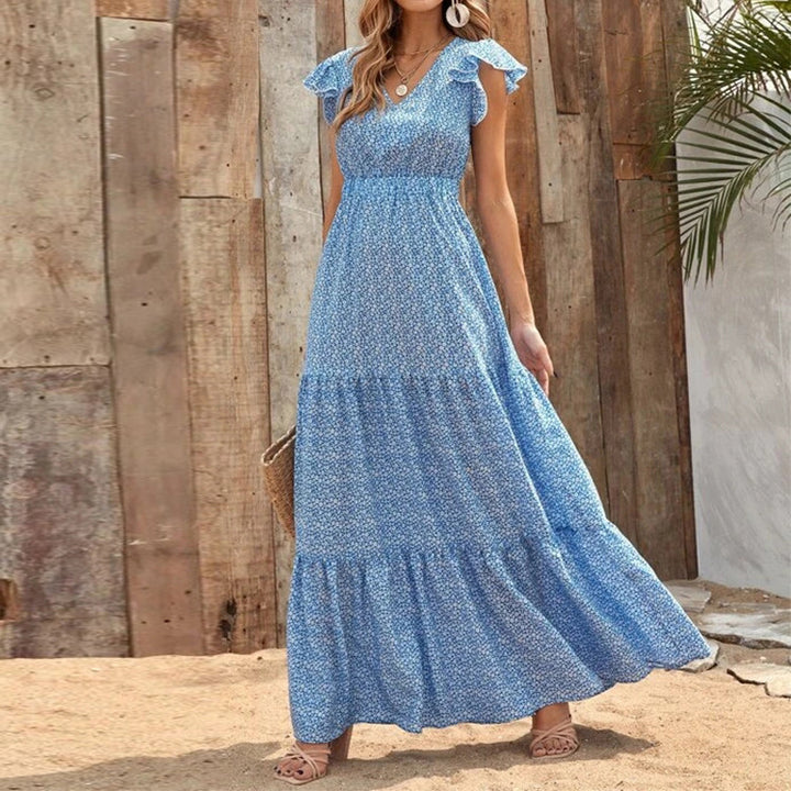 Maxi dress for women with delicate ruffled details and a deeper V-neck Lune London