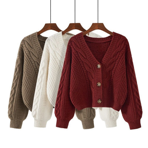 Women's Cardigan with Elaborate Cable Pattern and Deep V-Neck Lune London